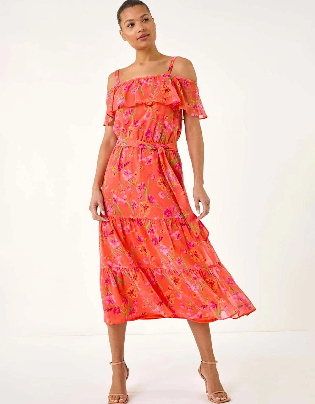 Floral Bardot Midi Dress - Orange, 2 of 1