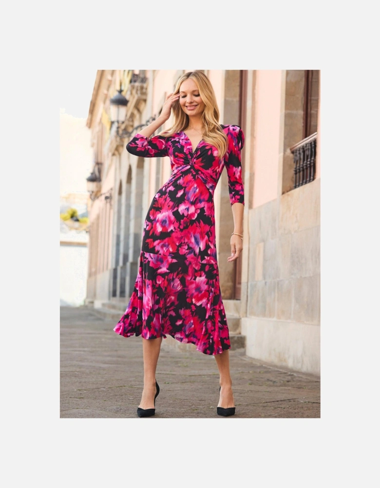 Pink Floral Floral Print Twist Front Midi Dress