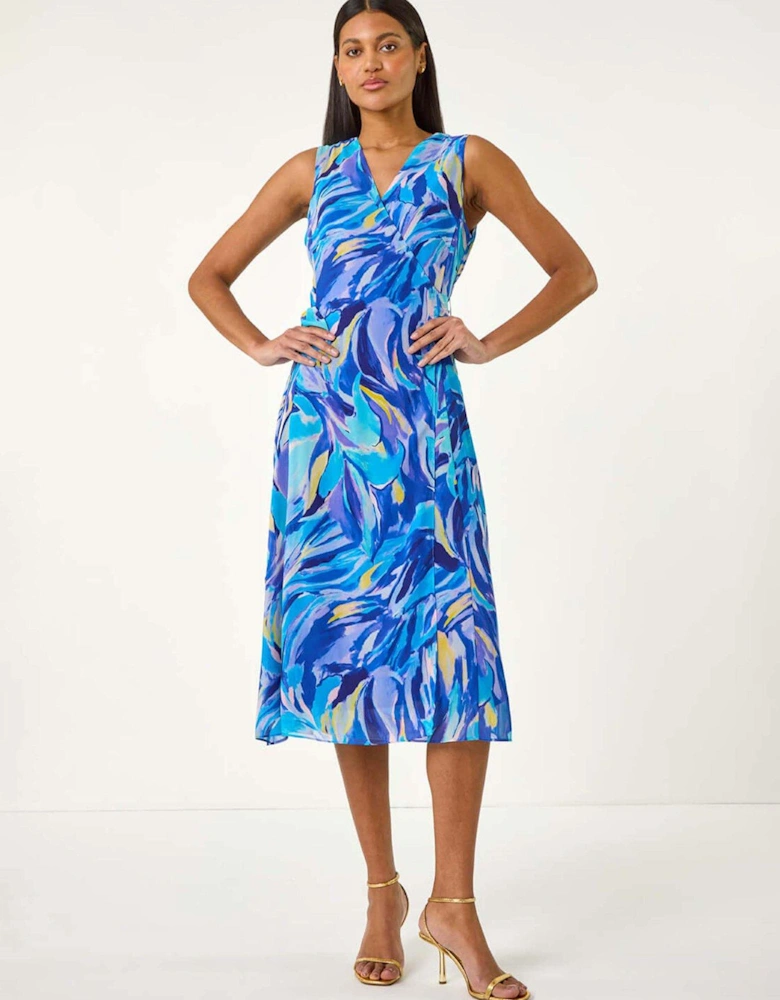 Floral Print Wrap Chiffon Midi Dress - Blue