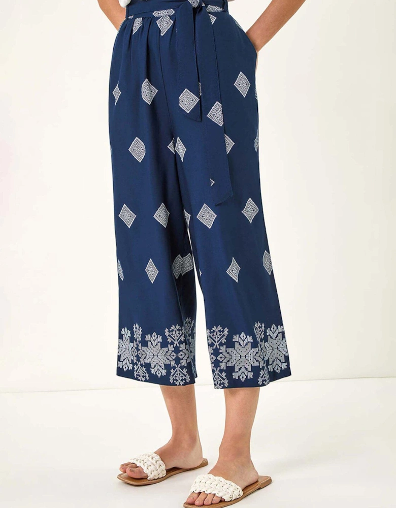 Border Print Belted Trouser - Navy