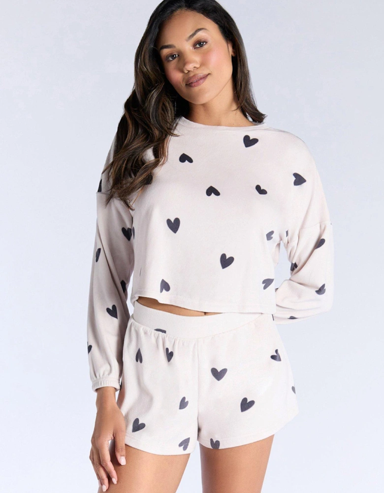 Heart Velour Crew & Short Set - Stone
