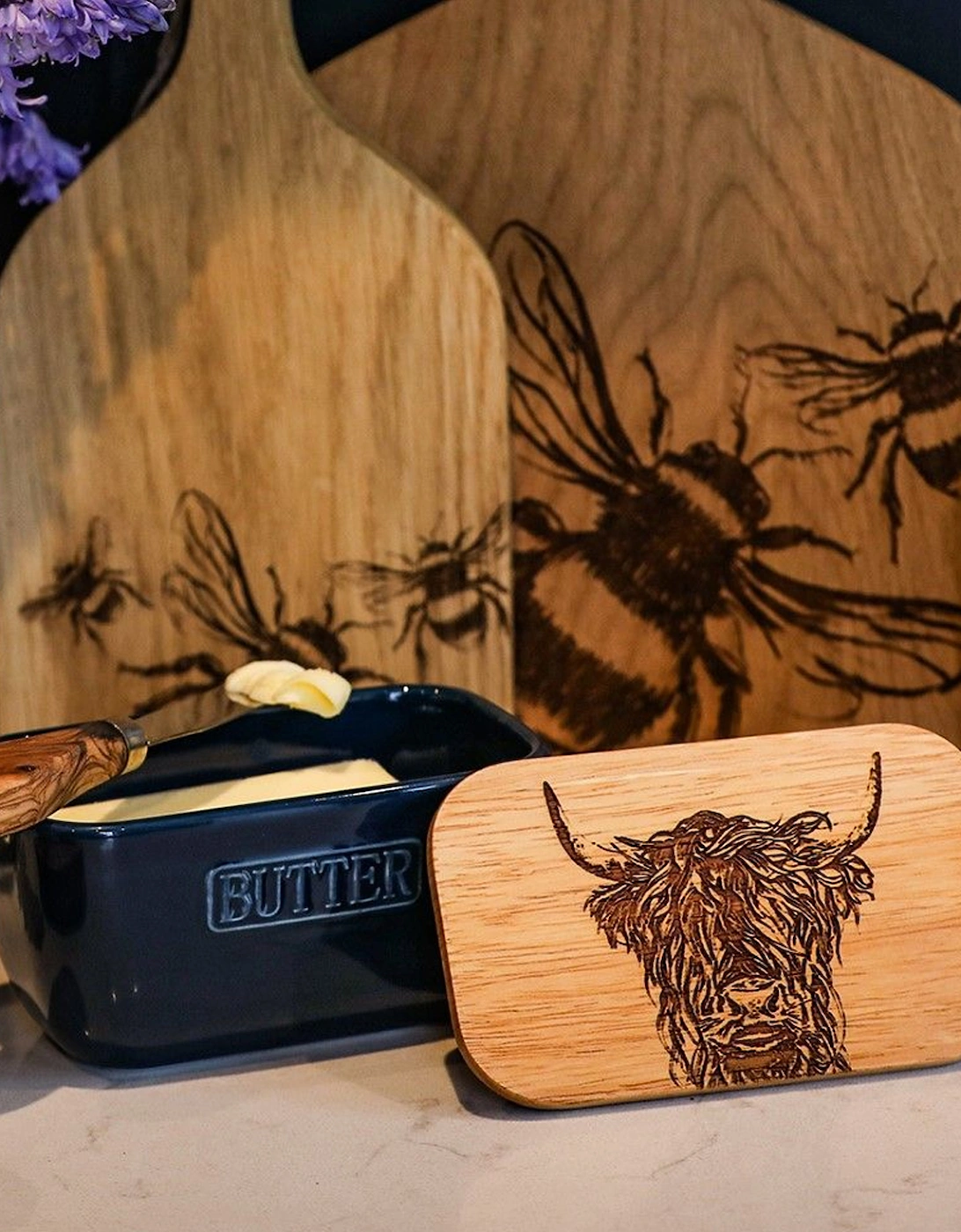 Blue Butter Dish Highland Cow