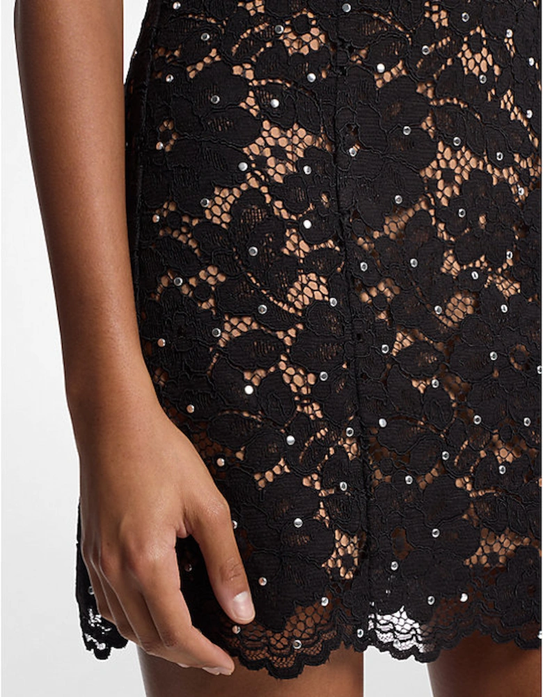 Studded Corded Floral Lace Mini Dress