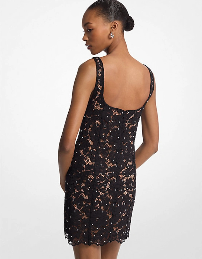 Studded Corded Floral Lace Mini Dress