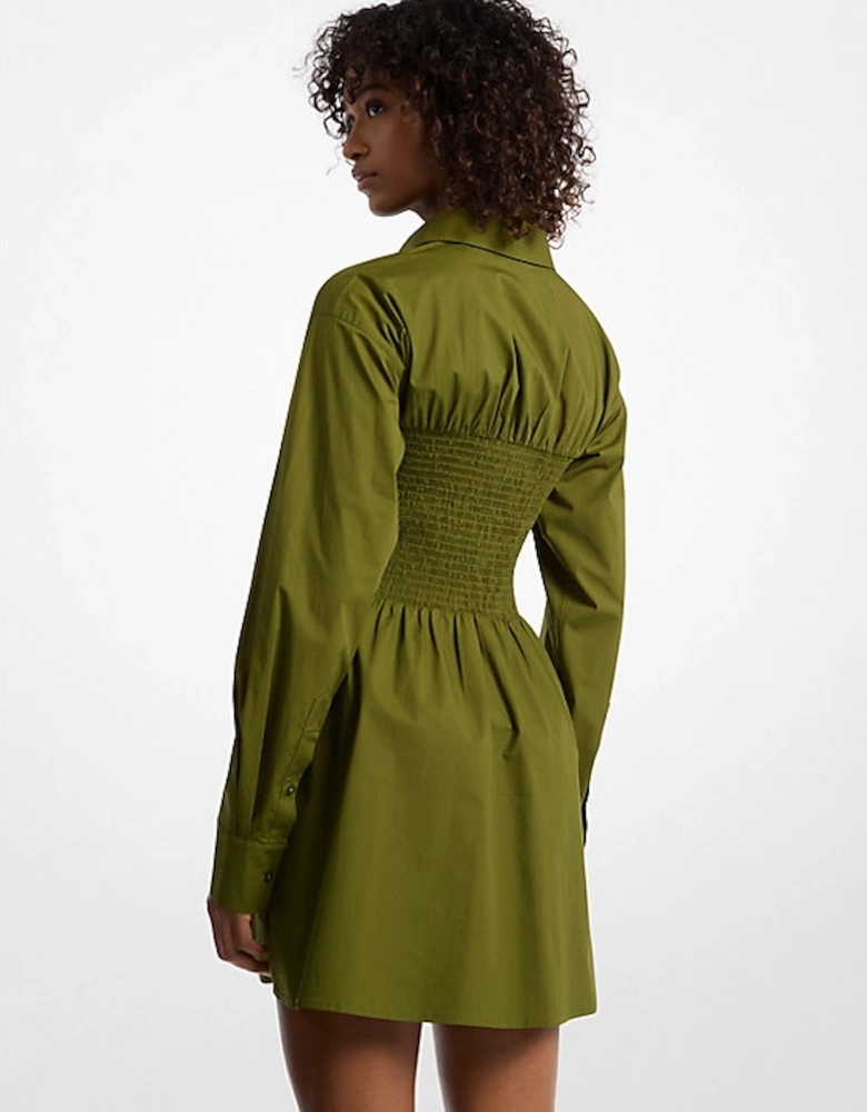 Stretch Cotton Poplin Smocked Shirtdress