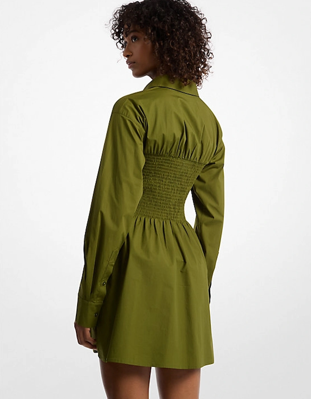 Stretch Cotton Poplin Smocked Shirtdress