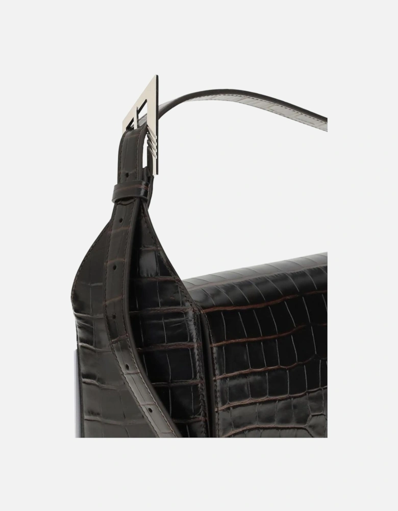 Croco-Print Leather Shoulder Bag with Adjustable Strap Women - Brown