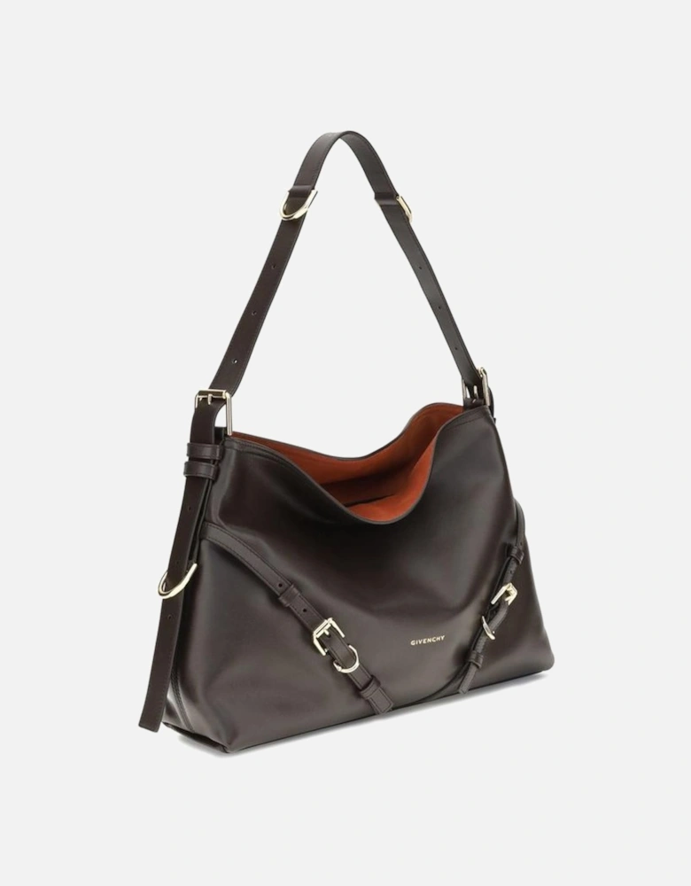 V-shaped Leather Shoulder Bag with Gold-tone Details Women - Brown