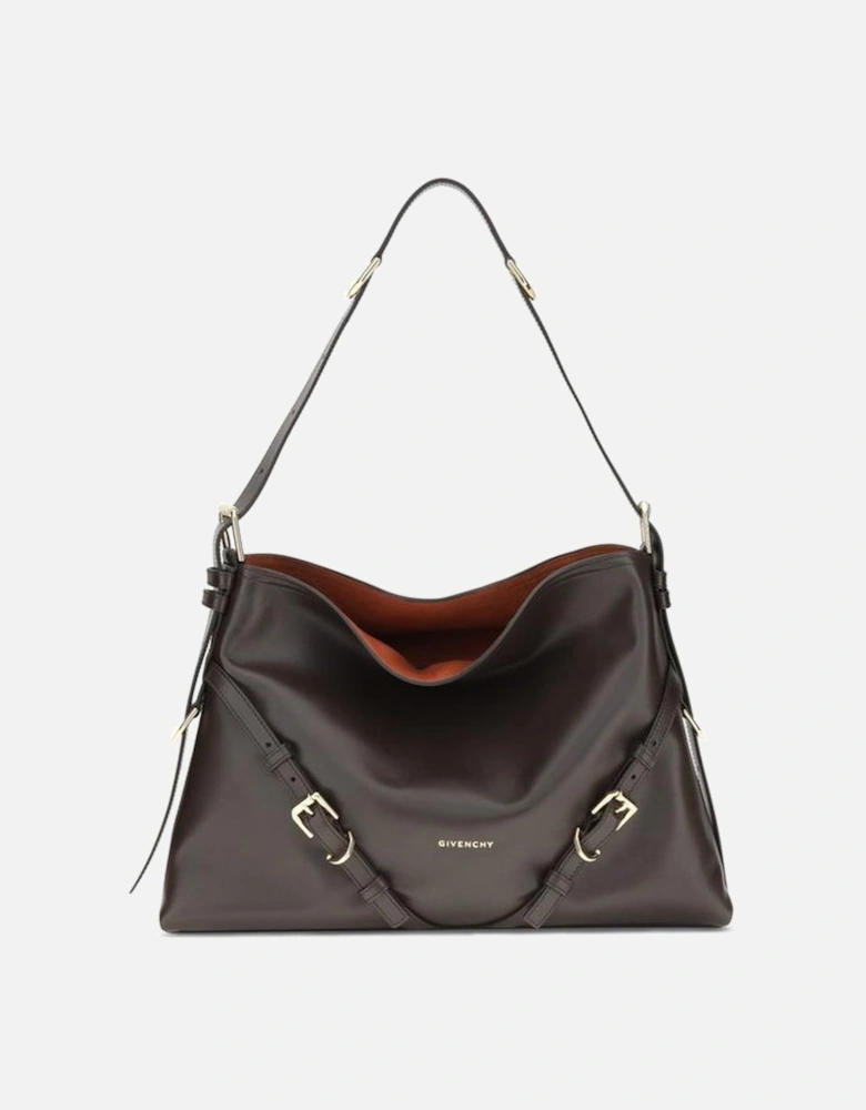 V-shaped Leather Shoulder Bag with Gold-tone Details Women - Brown