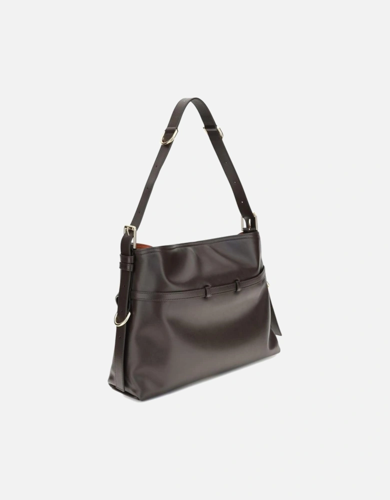 V-shaped Leather Shoulder Bag with Gold-tone Details Women - Brown