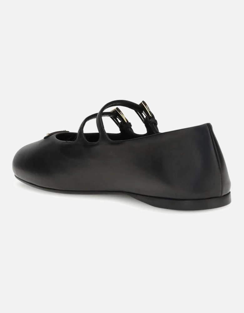 Leather Ballerinas with Double Strap and Metal Buckles Women - Black