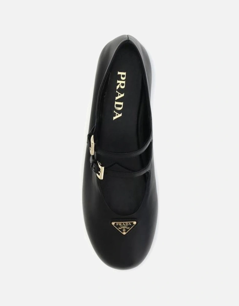 Leather Ballerinas with Double Strap and Metal Buckles Women - Black