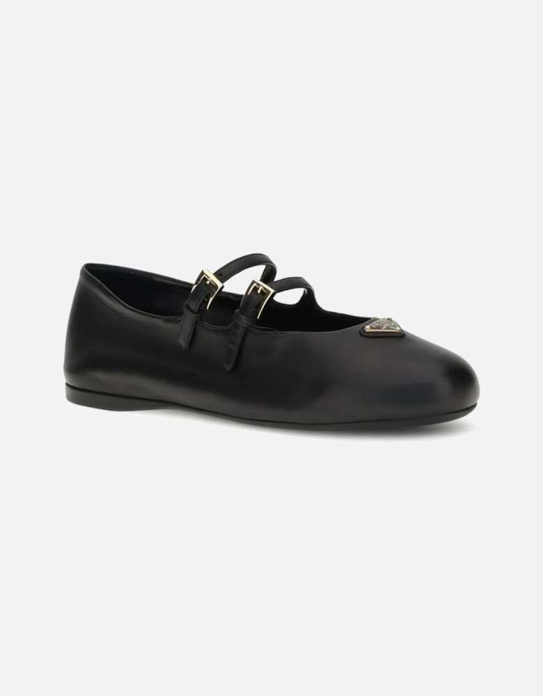 Leather Ballerinas with Double Strap and Metal Buckles Women - Black