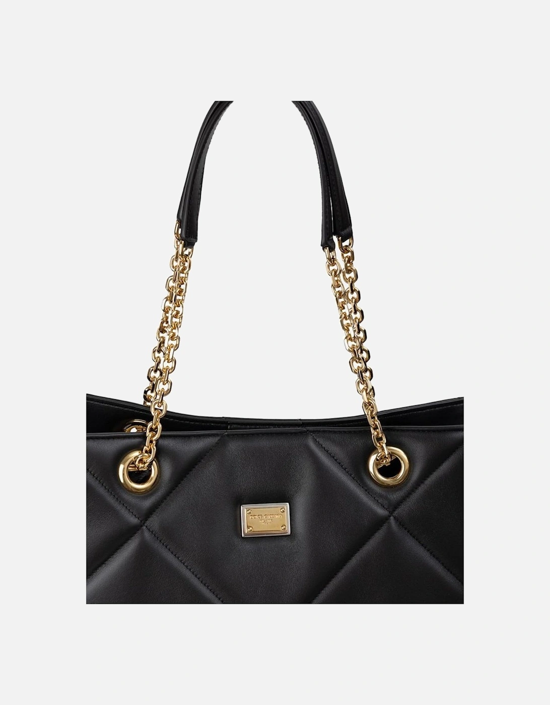 Matelasse Leather Tote Bag with Gold Chain Handles Women - Black