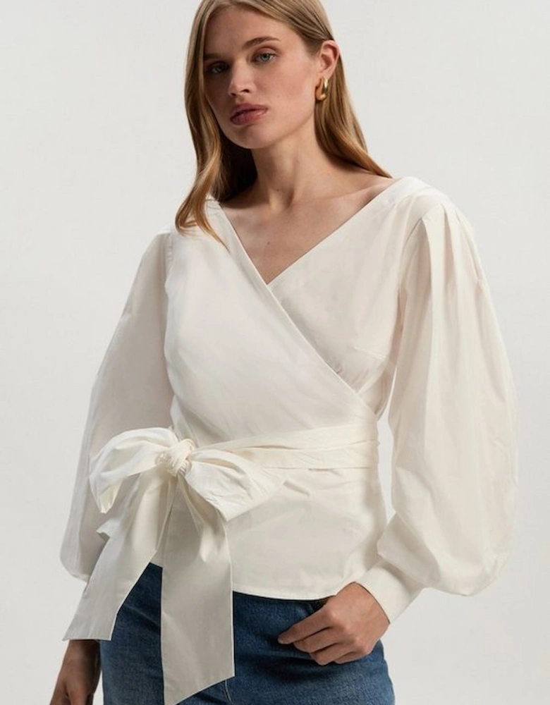 Cotton Poplin Cold Shoulder Woven Wrap Detail Blouse
