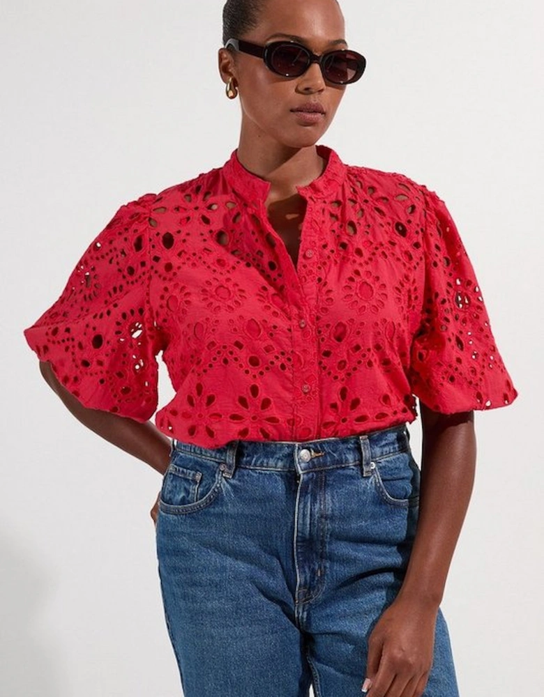 Plus Size Cotton Broderie Woven Short Sleeve Blouse