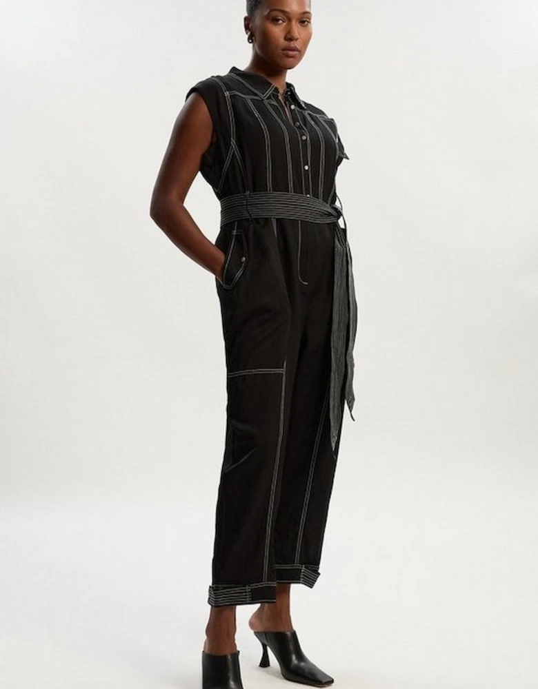 Plus Size Premium Linen Twill Topstitch Woven Jumpsuit
