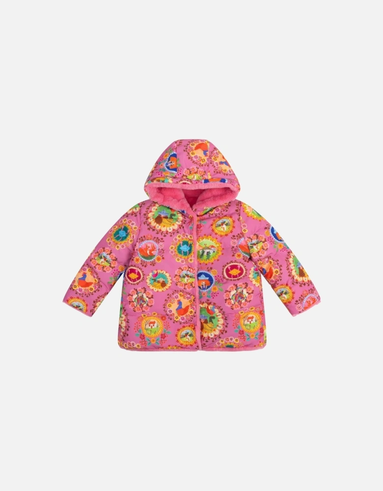Girls Pink Frame Print Reversible Coat