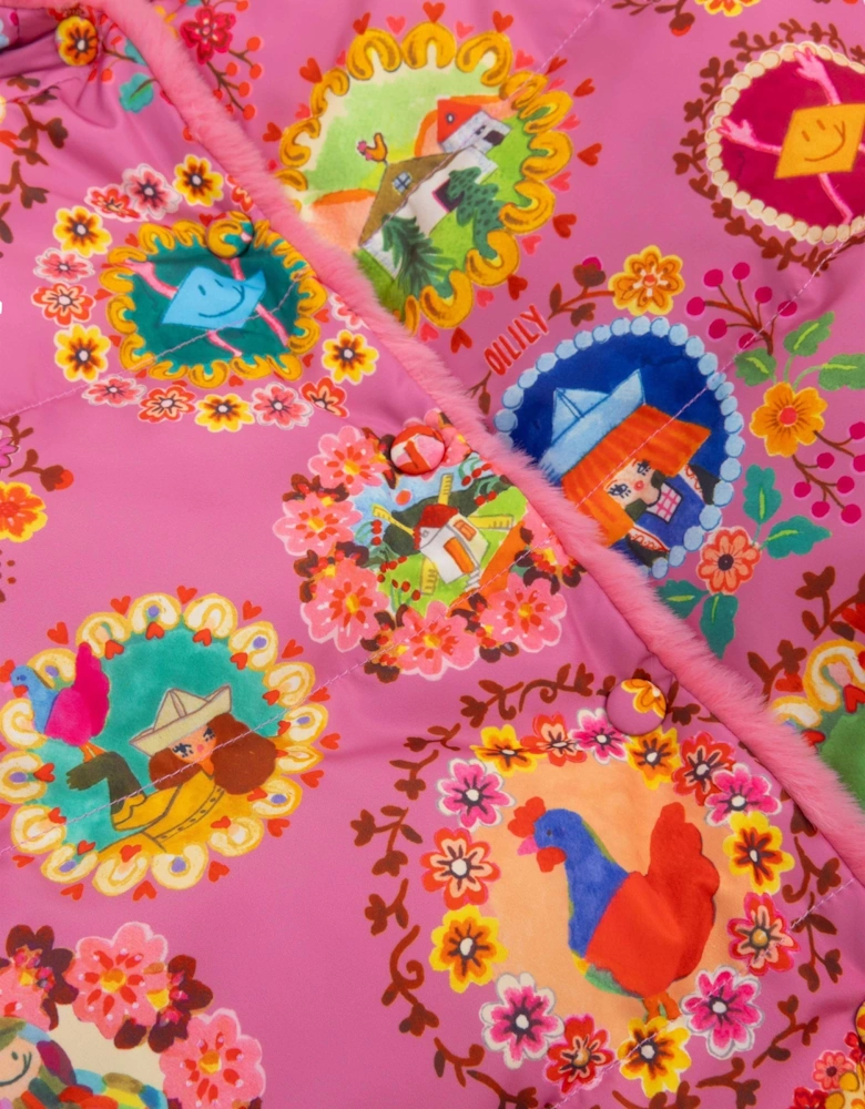 Girls Pink Frame Print Reversible Coat