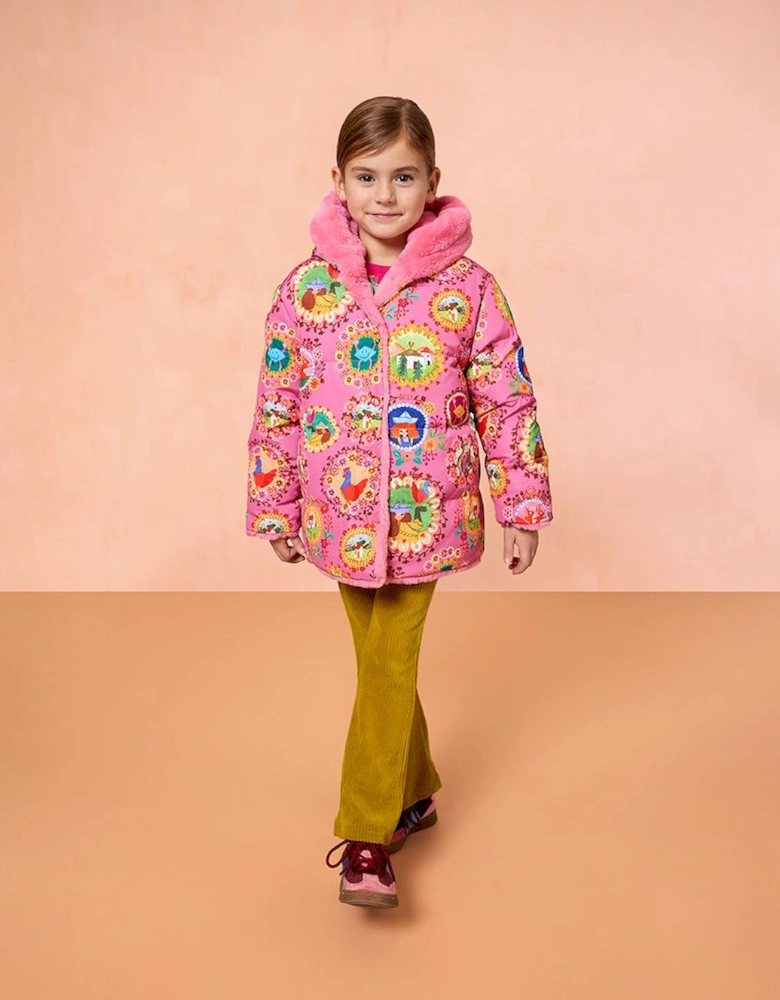 Girls Pink Frame Print Reversible Coat