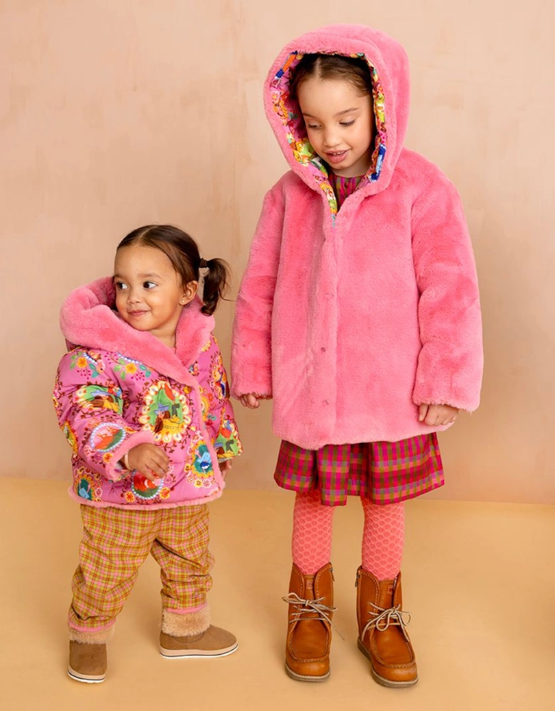 Girls Pink Frame Print Reversible Coat