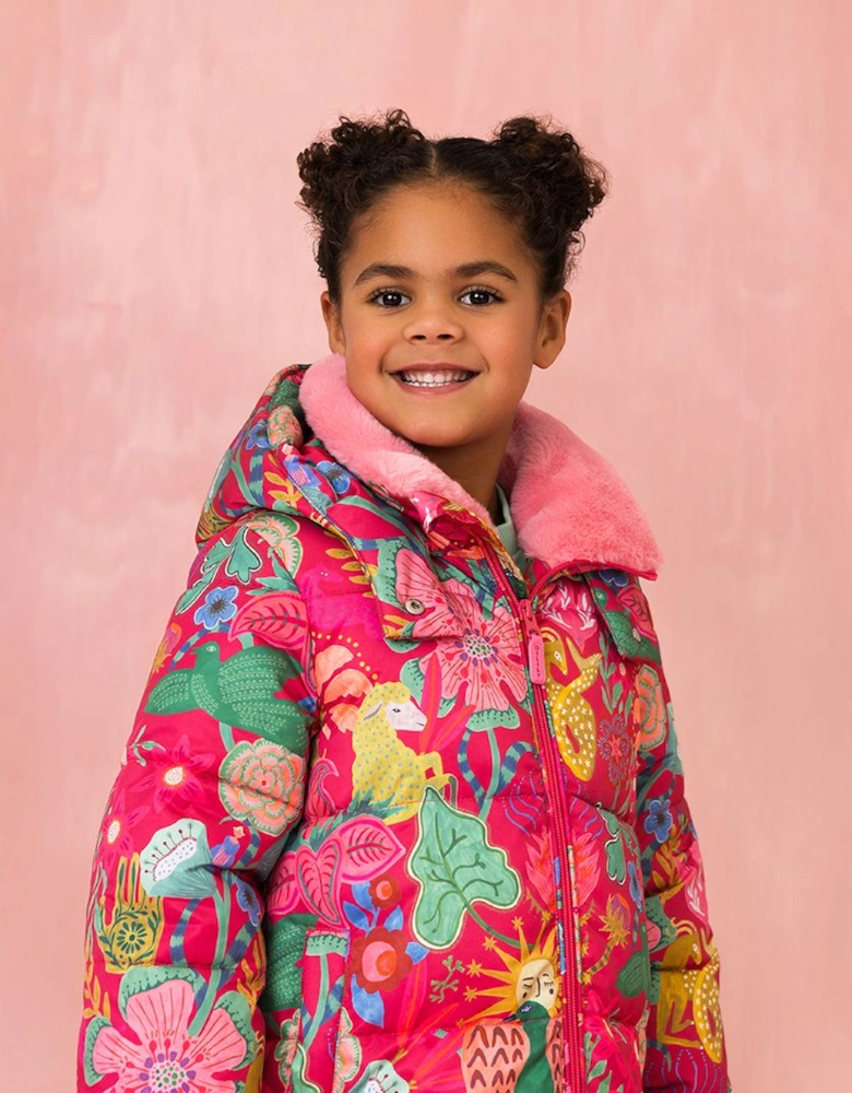 Girls Fuchsia Pink Print Padded Coat