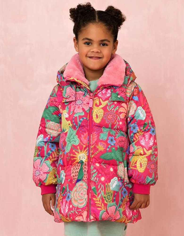 Girls Fuchsia Pink Print Padded Coat