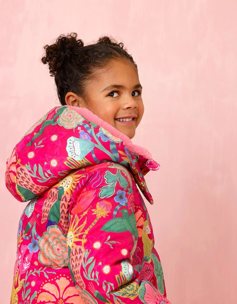 Girls Fuchsia Pink Print Padded Coat