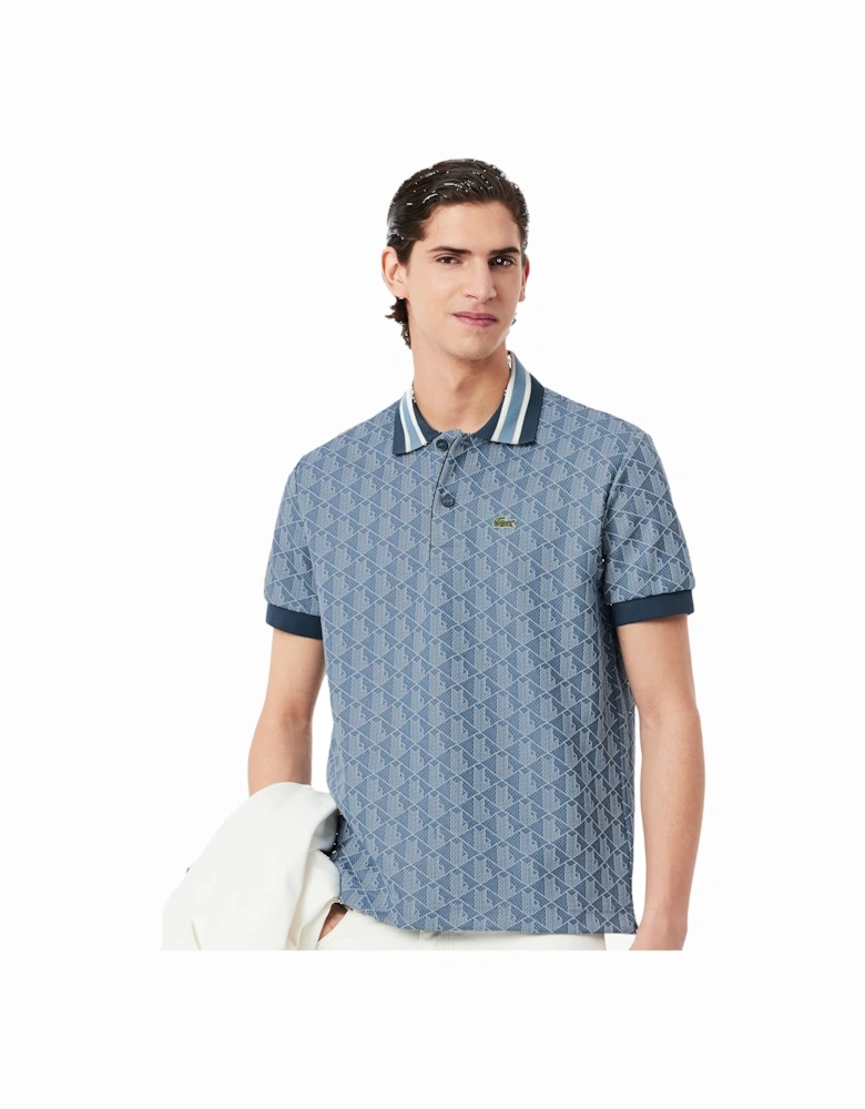 Classic Fit Monogram Jacquard Polo Shirt Blue