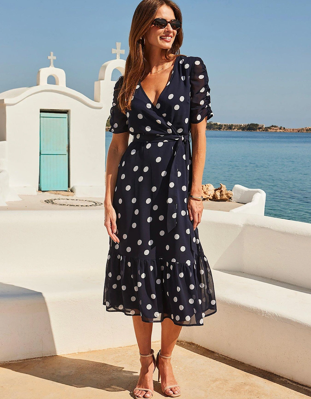 Navy Blue & White Spot Print Belted Faux Wrap Dress, 2 of 1
