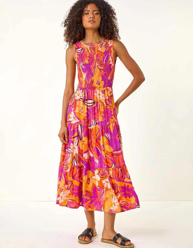 Dusk Floral Print Tiered Midi Dress - Pink