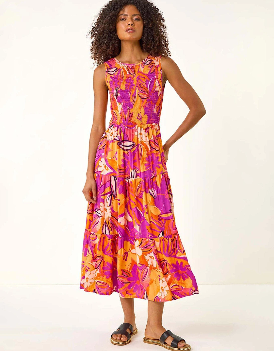 Dusk Floral Print Tiered Midi Dress - Pink, 2 of 1