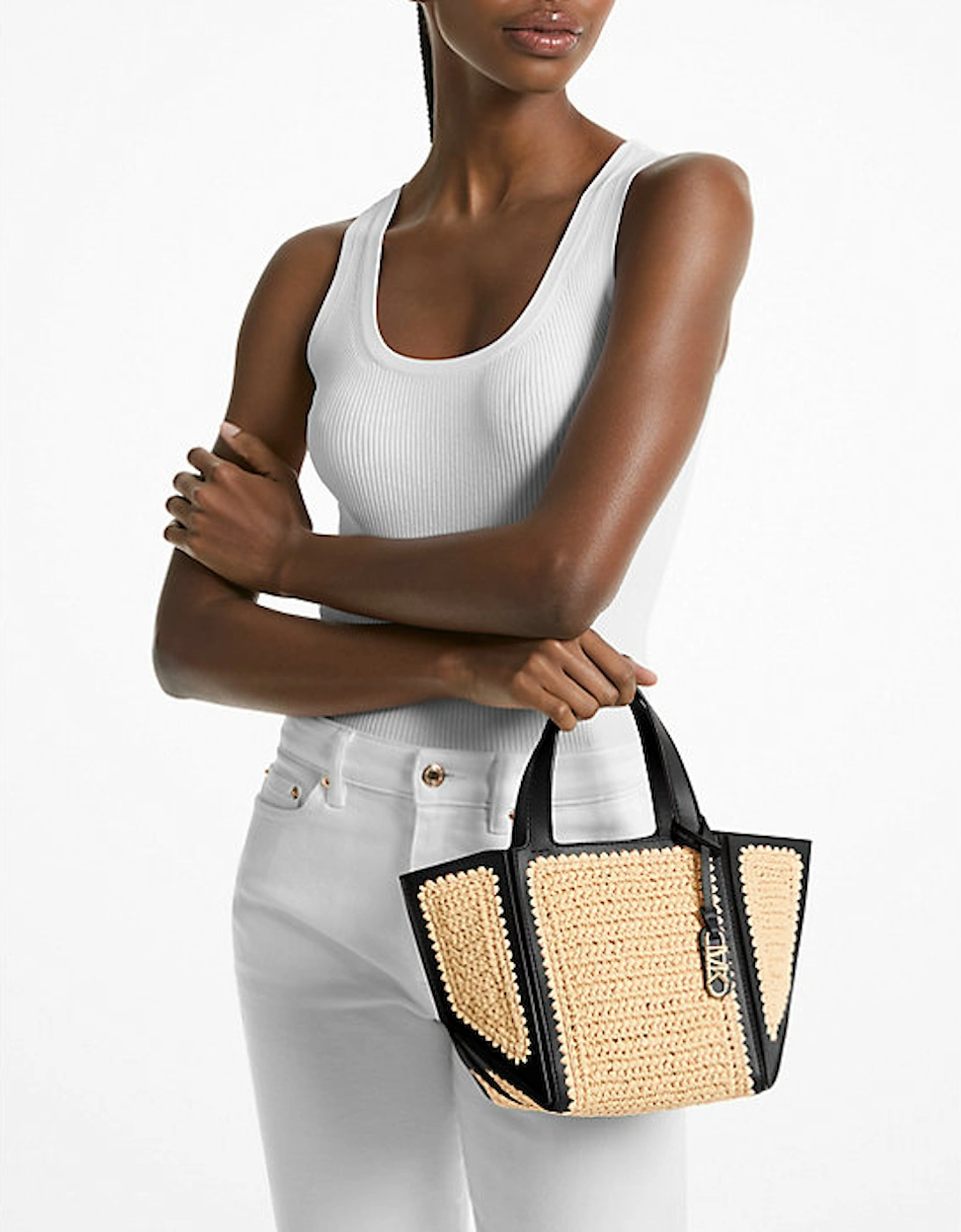 Jordi Small Hand-Crocheted Straw and Leather Tote Bag