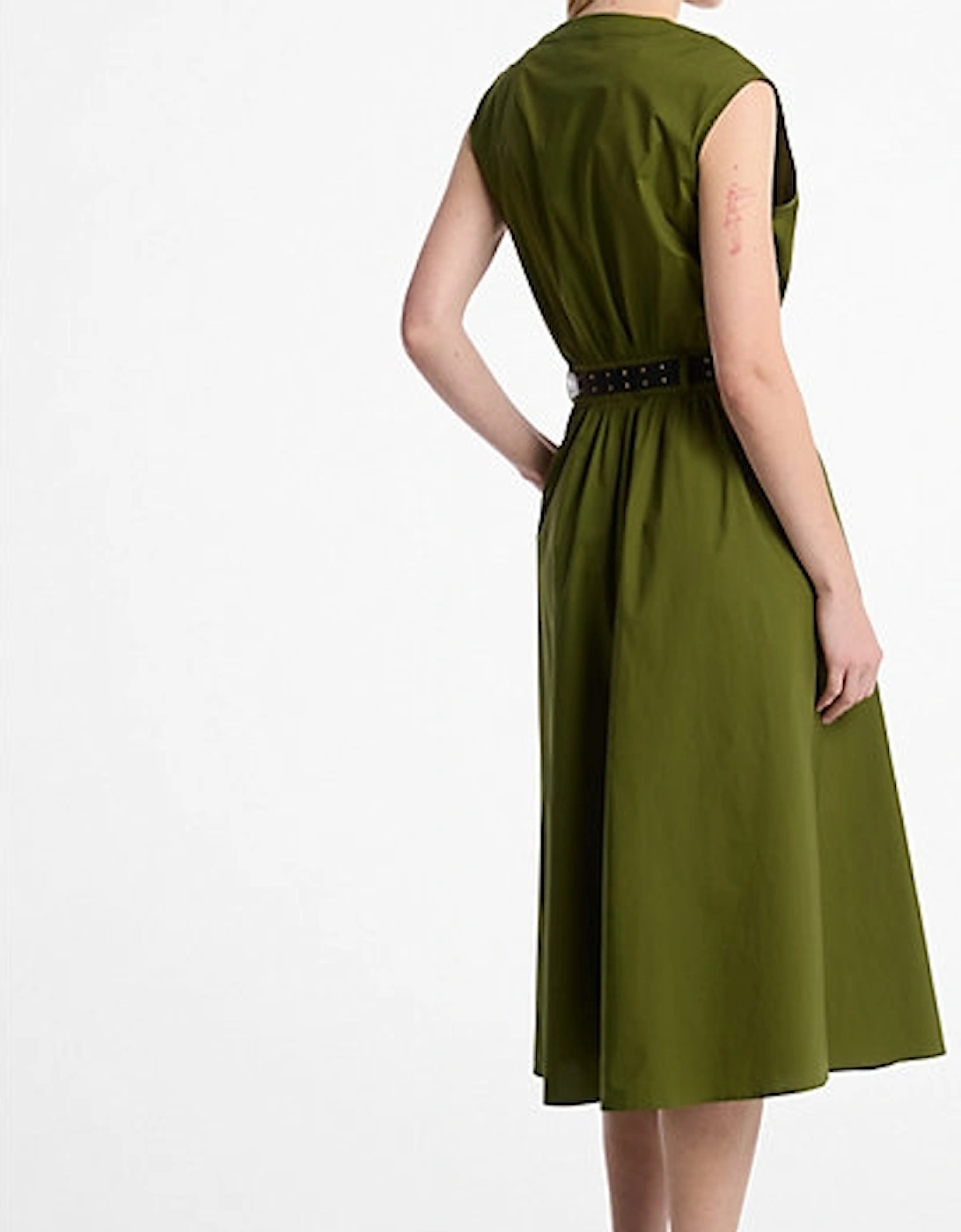 Stretch Cotton Poplin Belted Midi Dress