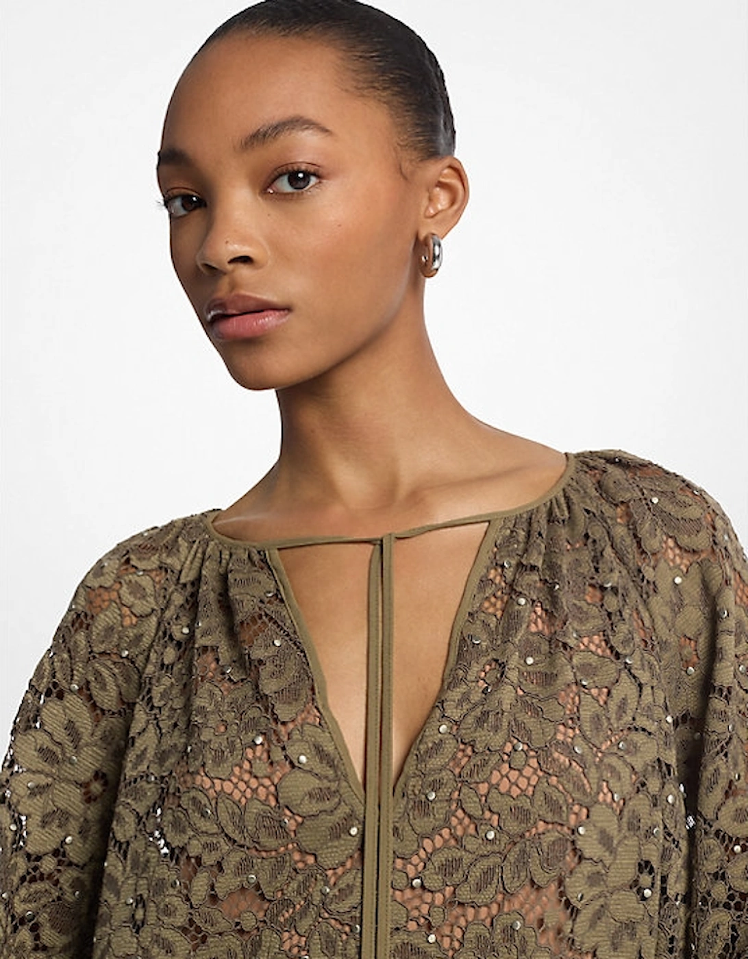 Studded Corded Floral Lace V-Neck Dress