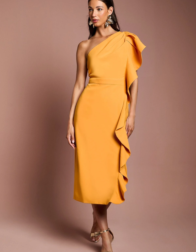 One Shoulder Ruffle Crepe Pencil Midi Dress