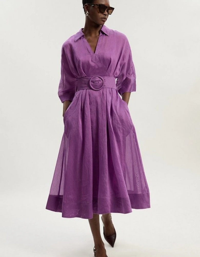 Organdie Plunge Collared Woven Maxi Dress