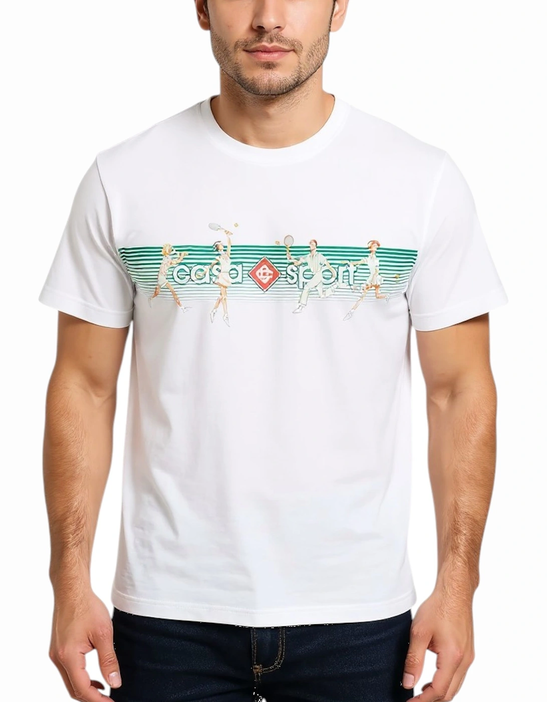 Casablanca Men's CASABLANCA Mens T Shirts Playful Stripes Short Sleeve Crew Neck Tennis Tee - White