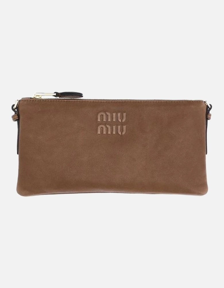 Leather Pouch with Golden Trim and Embossed Logo Women - Brown Wallets