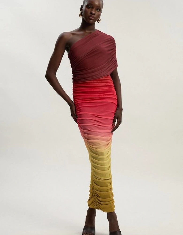 Ombre One Shoulder Mesh Jersey Maxi Dress