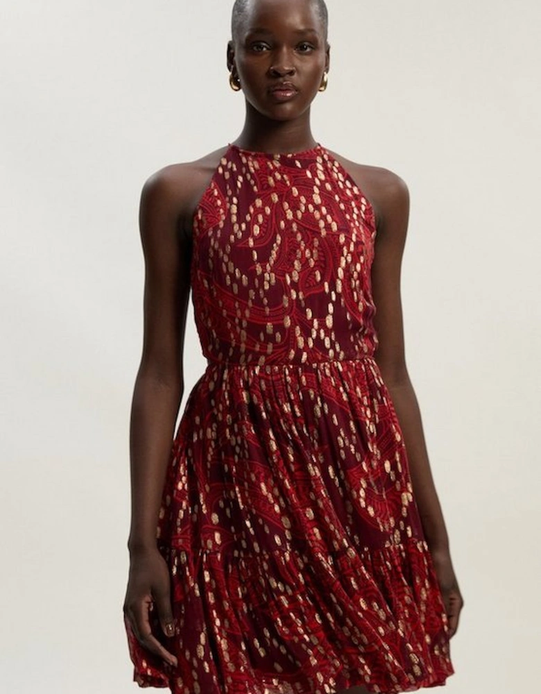 Printed Metallic Viscose Georgette Thread Halter Woven Mini Dress