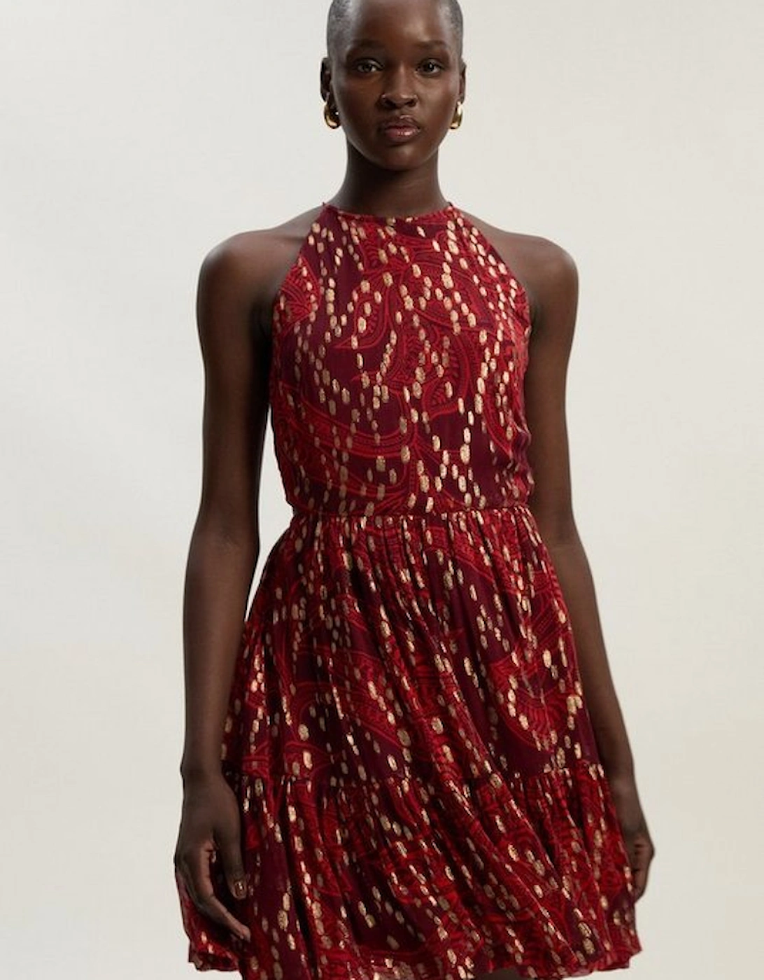 Printed Metallic Viscose Georgette Thread Halter Woven Mini Dress, 2 of 1