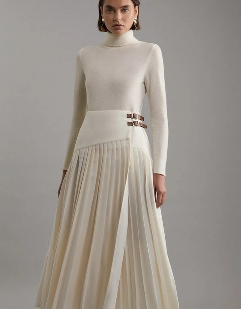 Tailored Crepe Pleated Buckle Detailed Maxi Skirt
