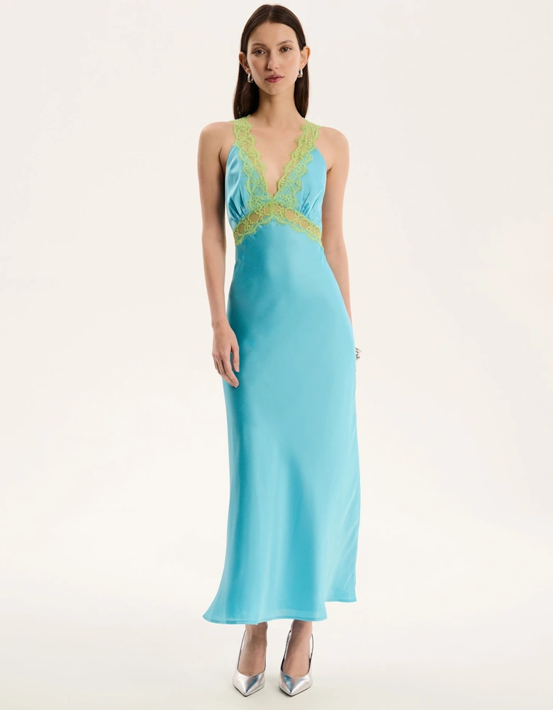 Aurelia Lace Trim Maxi Dress in Turquoise and Green