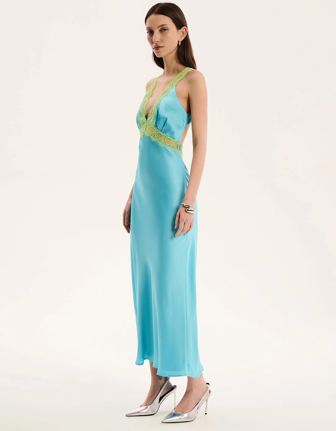 Aurelia Lace Trim Maxi Dress in Turquoise and Green