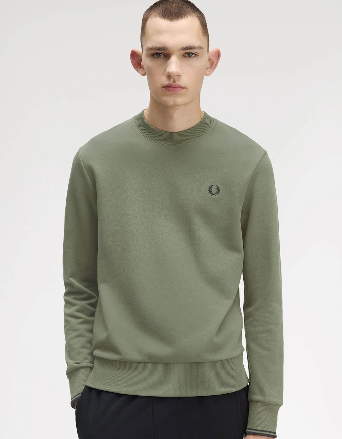 Fred Perry Men's Tan Crew Neck Sweatshirt - Laurel Wreath Green/Black/Black Z50 - : L
