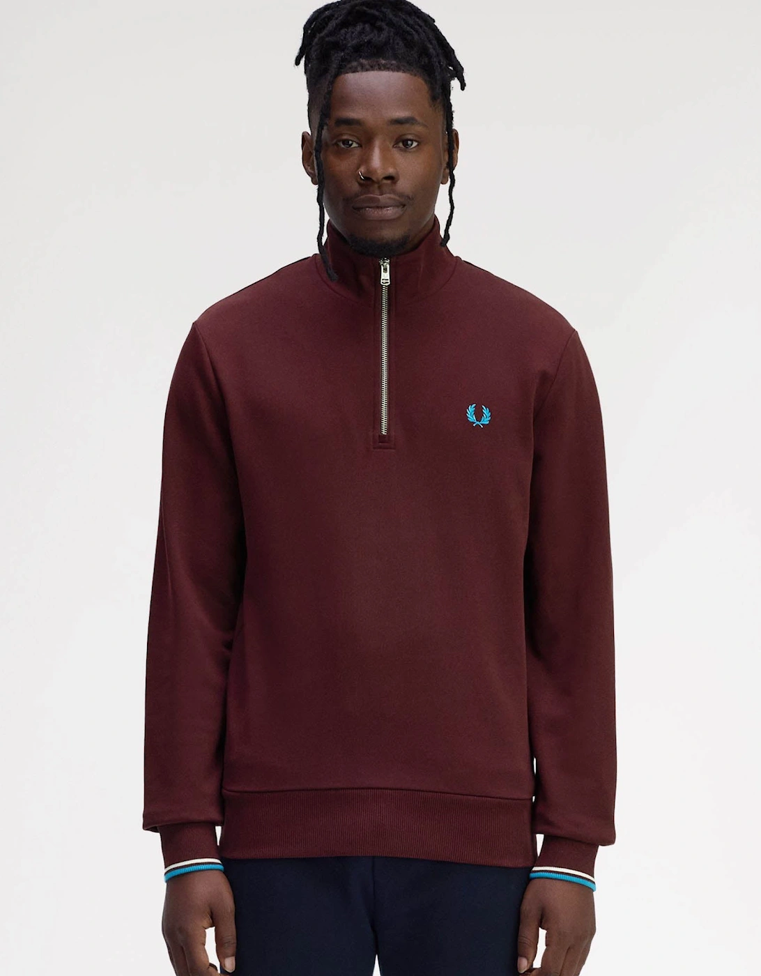 Mens Half Zip Sweatshirt - Oxblood/Ecru/Court Blue Z63, 2 of 1