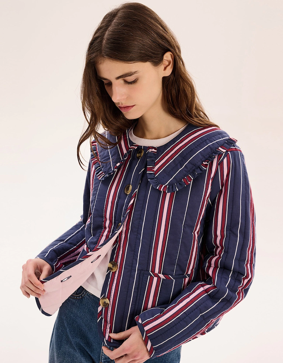 Peggy Quilted Jacket in Navy Stripe