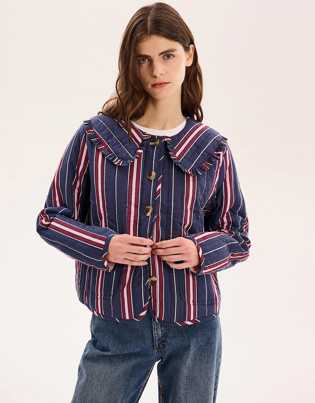 Peggy Quilted Jacket in Navy Stripe