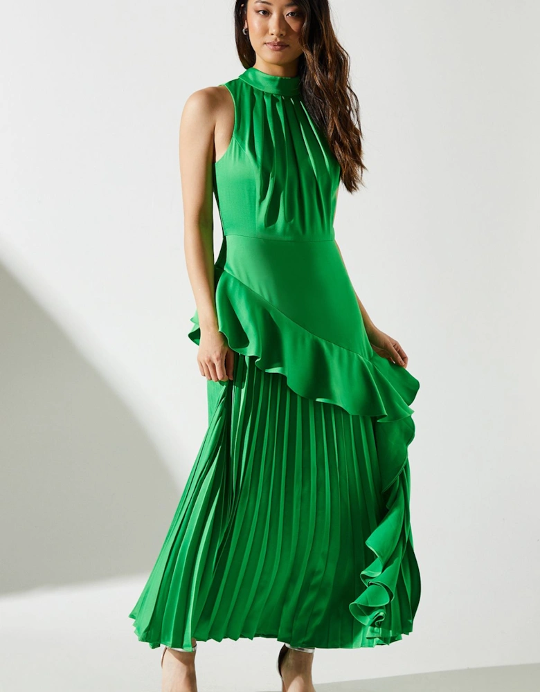 Sleeveless Ruffle Pleat Satin Back Crepe Dress